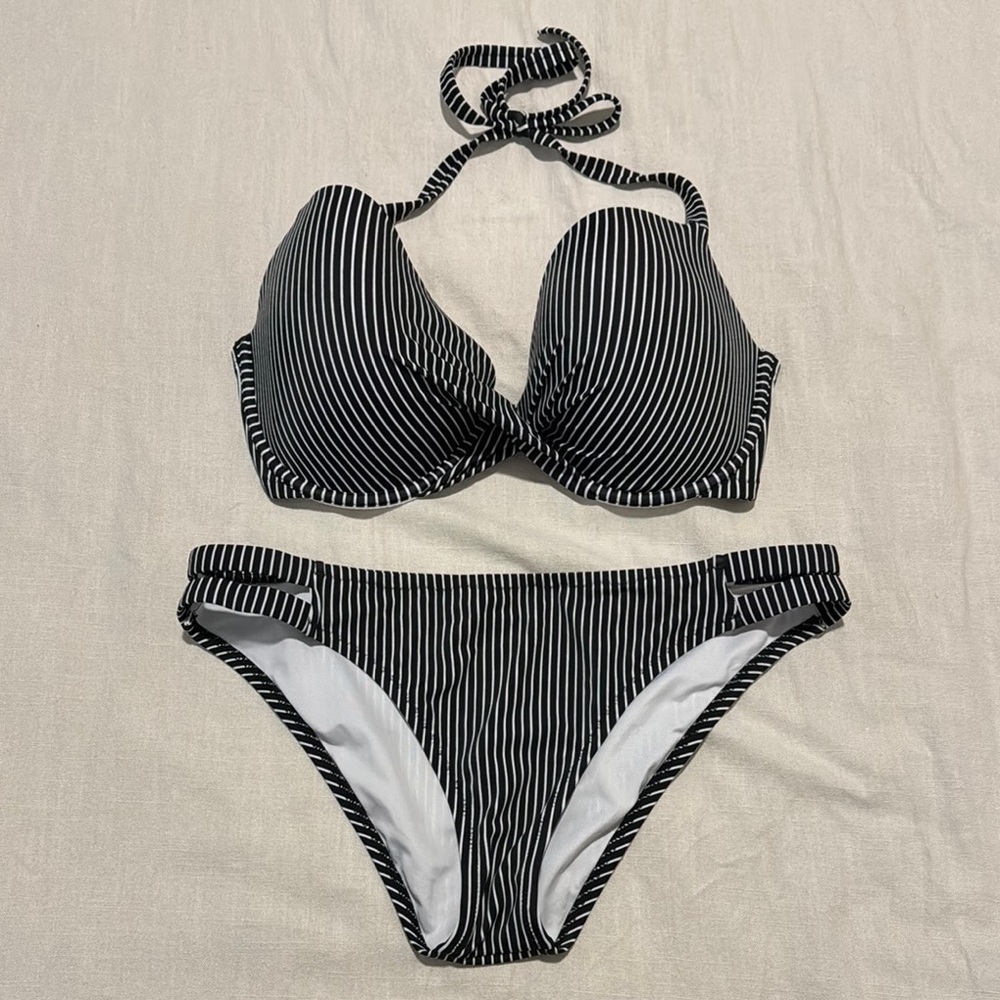 Black and White Striped Bikini Set